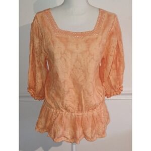 Democracy Womens Peplum Top Mineral Wash Crochet Square Neck Autumn Sunset Med‎